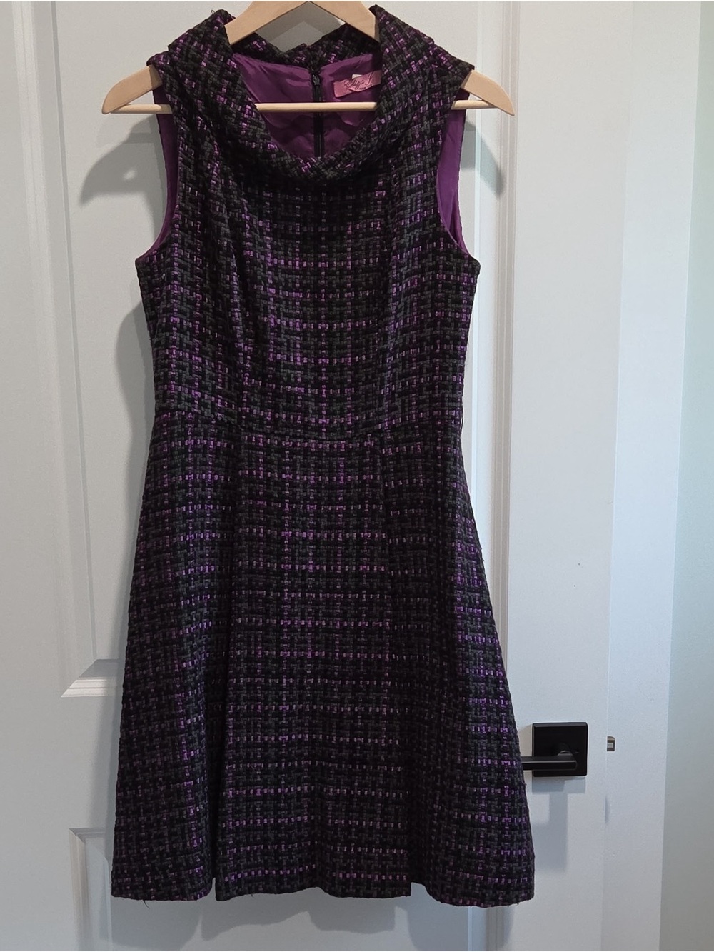 Eliza J Purple and Black Tweed Midi Dress with Cowl Neck
